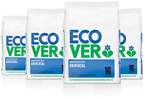 Ecover Lessive en poudre universelle concentrée lavande (4 x 1,2 kg/64 lavages), détergent complet avec ingrédients végétaux, lessive en poudre pour linge propre à partir de 30 °C
