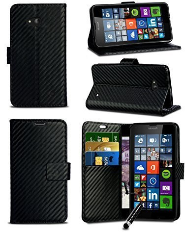 London Gadget Store Compatible with MotorolaMoto E 2nd Gen (2015) - Carbon Fibre Style Leather Wallet Flip Skin Case Cover with Mini Capacitive Stylus in Black