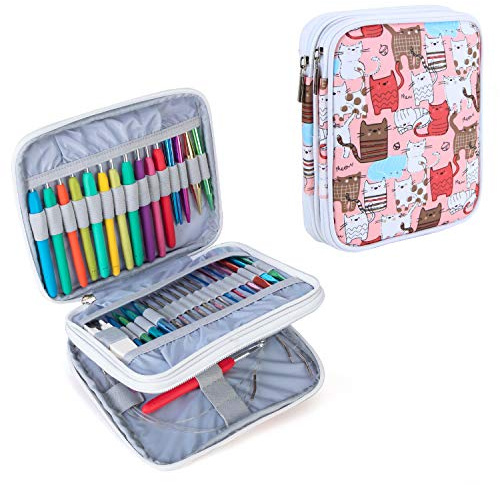 Teamoy Häkelnadeltasche Nähset bag für austauschbare Rundstricknadeln, Ergonomische Häkelhaken, Aluminium Häkelhaken, Strickzubehör und vieles mehr, Katzen rosa