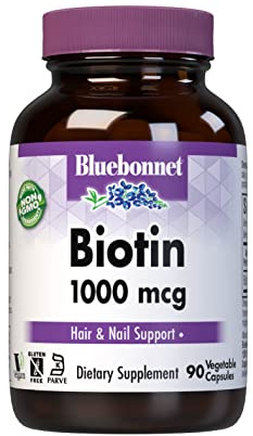 Bluebonnet Nutrition Biotin 1000 Mcg Vegetable Capsules, Biotin is a B Vitamin That Helps Make Keratin, Vegan, Vegetarian, Non GMO, Gluten Free, Soy Free, Milk Free, Kosher, Vegetable Capsules, 90 Count