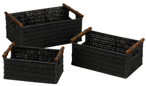 Household Essentials Decorative Woven Baskets, Set of 3 Baskets, Paper Rope with Wood Handles, Sturdy Metal Frame, Small, Medium and Large, Black