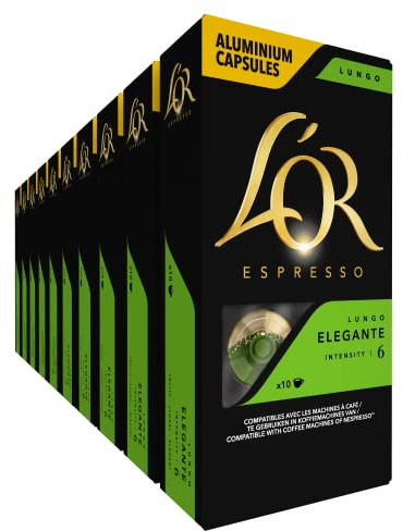 L'Or Espresso Café - 100 Capsules Lungo Elegante Intensité 6 | Compatibles Nespresso®*, lot de 10 x 10 capsules aluminium