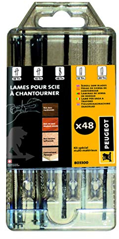 Peugeot Outillage 803300 Kit de 48 scie à chantourner Comprenant Goujons 18tpi et 6 10tpi, Rondes ø 0,88, Embouts Plats universelles 12tpi et 12 Lames 20tpi