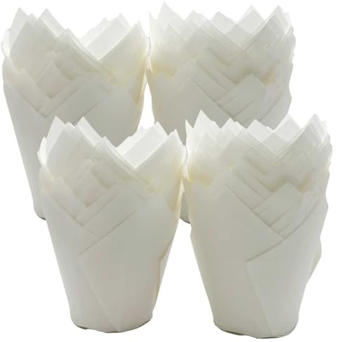 Scrumptious! 200PC Greaseproof Paper Muffin Tulip Cases for Baking - White - Great for Wedding Birthday and Anniversary Party Cakes and Bakes