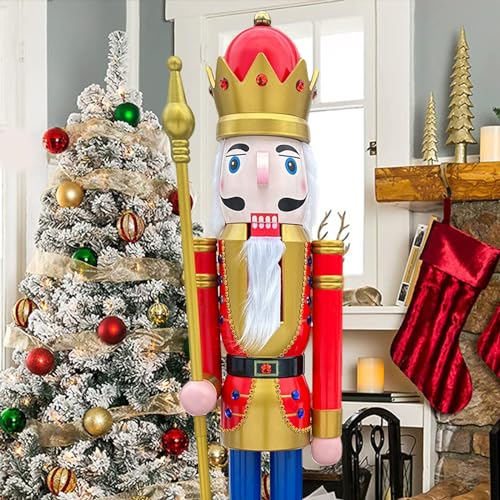 CDL 150cm 60 5Ft Tall Life-Size Large/Giant Red Christmas Wooden Nutcracker King Ornament On Stand Holds Golden Scepter For Indoor Outdoor Xmas/Event/Ceremonies/Commercial Decoration K01