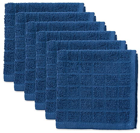 DII Basic Terry Collection Solid Windowpane Dishcloth Set, 12x12, Blue, 6 Piece