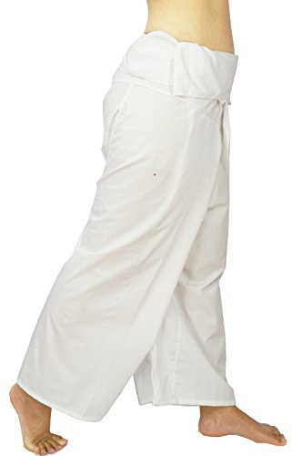 Lovely Creations Jumbo Size Man Women Thai Fisherman Wrap Pants Toray Wild Leg Baggy Yoga Casual Trousers Waist 60 (AF White)