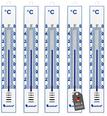 Lantelme 5 Stück Außenthermometer 17cm lang Temperaturanzeige von -30 bis +50°C Analog | Thermometer Set Kunststoff Farbe weiß Wetterfest | Gartenthermometer auch für Innen Außen Garten Keller Balkon