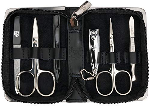 DREI SCHWERTER - 6-tlg. Maniküreset 'Ravenna' | Hochwertiges Nagelpflegeset in schwarzem Echt Leder Etui | Inhalt: Nagelschere, Hautschere, Nagelknipser, Saphirnagelfeile, Nagelreiniger, Pinzette