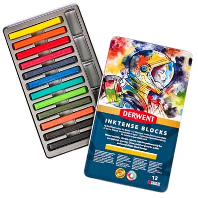 Derwent Inktense 12 Kritor I Metallask, Set Med 12 Vattenfärger, 8mm Breda Kritor, Vattenlösliga, Perfekta För Att Rita, Färglägga Och Göra Hobbyprojekt På Papper Och Textil (2300442)