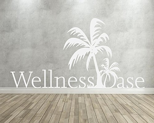 XL Wandtattoo fürs Badezimmer, Bad ~ Spruch, Text Wellness Oase mit Palme ~ 6001191-120x58 cm Wandaufkleber Wandtatoos Sticker Aufkleber für die Wand, Fensterbild, Tapetensticker, Türaufkleber, Tattoo aus Markenfolie in 32 Farben