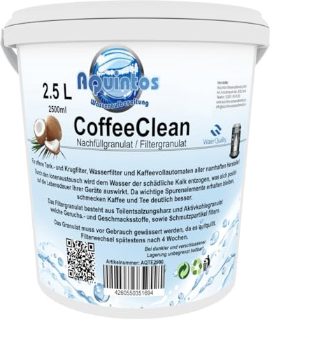 2,5 L Aquintos AQTE2500 Nachfüllgranulat - Filtergranulat - Teilentsalzungsharz - für offene Krug- und Tankfilter/alle Namhaften Kaffeemaschinen Hersteller/Tischwasserfilter/Bügelstationen