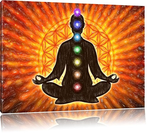 Pixxprint Meditation mit den 7 Chakren, Größe: 80x60cm, Leinwandbild, fertig gespannt, Wandbild, Dekoration, Kunstdruck, kein Poster
