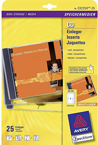 AVERY Zweckform C32250-25 CD-Einleger (25 CD-Cover, 151x118mm auf A4, Vorder- und Rückseite für Standard-Cases, hochwertiges Kartenmaterial, mikroperforiert, Inlays zum Bedrucken) 25 Blatt, weiß