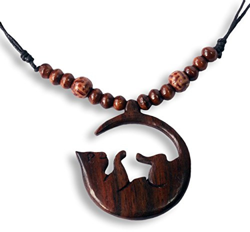 Island Piercings Katzenkette aus Holz – Katze im Mond Anhänger, verstellbare Halskette 40–70 cm, schwarzes gewachstes Baumwollband, mystischer Boho Schmuck für Katzenliebhaber, Unisex