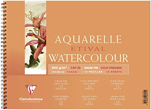 Clairefontaine 96070C Malblock, mit Doppelspirale Aquarellpapier Feinkörnig, Etival/Zellulose, 12 x 18 cm, 12 Blatt, 300 g, weiß