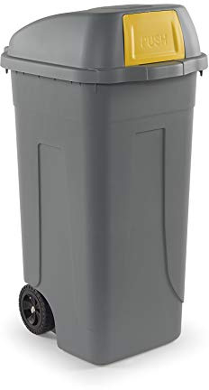Mobil Plastic - Bidone Raccolta Differenziata 100L | Contenitore Rifiuti con Coperchio a campana e aletta basculante di colore Giallo | Pattumiere Ecologiche per Casa e Ufficio - Corpo Grigio