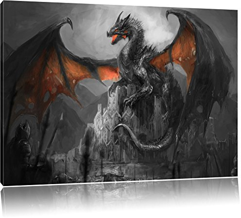 Pixxprint Drache schützend über Burg B&W, Größe: 80x60cm, Leinwandbild, fertig gespannt, Wandbild, Dekoration, Kunstdruck, kein Poster