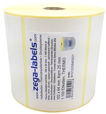 Thermo Etiketten auf Rolle - 102 x 64 mm - 1.100 Stück je Rolle - Kern: 25 mm - aussen gewickelt - permanent haftend - Druckverfahren: Thermodirekt (Drucken ohne Farbband)