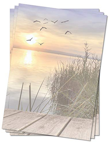 Motivpapier Briefpapier (See-5060, DIN A4 25 Blatt) Vögel am Himmel beim Sonnenuntergang über einem wunderschönen See mit Schilf am Ufer und einen Steg aus Holz