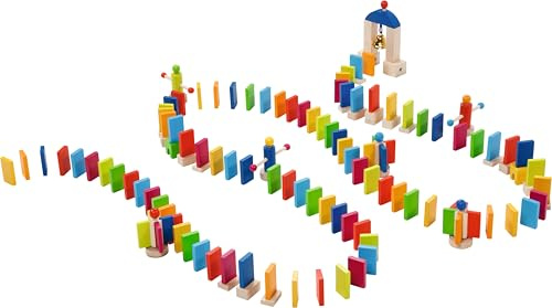 goki 58963 - Domino Rally, Bausteine Set für Kinder mit 247 bunten Holzteilen, inklusive Drehtür und Glöckchen, Kettenreaktionsspiel fördert Motorik und Koordination der Jungen und Mädchen, ab 5 Jahre