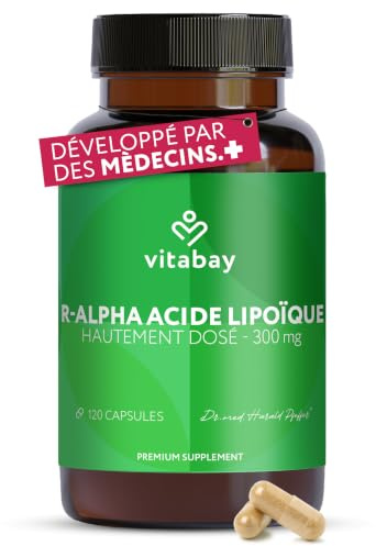 Vitabay Acide R-Alpha-Lipoïque 300 mg – 120 gélules véganes | Acide Alpha-Lipoïque hautement dosé – forme R naturelle sans S-ALA – testée en laboratoire en Allemagne – réserve 4 mois