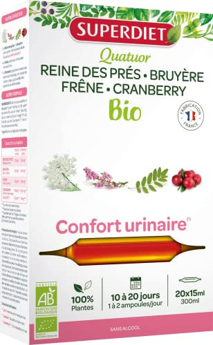 SUPERDIET - QUATUOR CONFORT URINAIRE BIO -Reine des prés, Bruyère, Frêne, Cranberry- Fabrication Française - 20 ampoules de 15ml