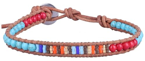 KELITCH Türkis Korallen Achat Perlen Wickelarmband Handgefertigte Miyuki Perlen Strang Armbänder Armreifen für Damenmode (Rot)