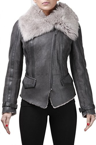 Frauen Grau Kurz Echt Toscana Schaffell-Wollen Fliegerjacke