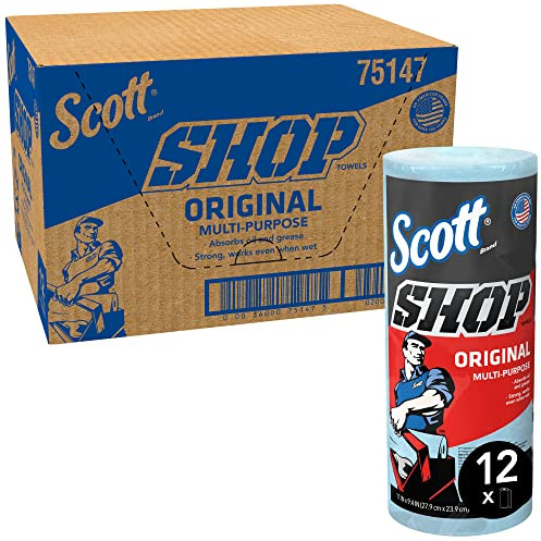 Scott Shop Towels Original 75147, Essuie-Mains Bleus Ultra-Résistants pour Essuyage Intensif, Parfait pour Graisses, Huiles et Liquides, 12 Rouleaux de 55 Essuie-Mains (660 au Total)