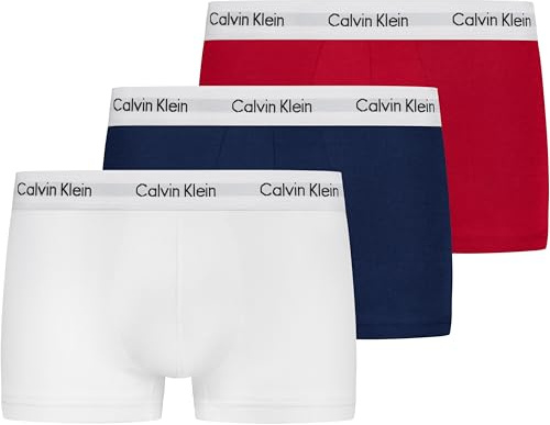 Calvin Klein herr Boxershorts 3P LOW RISE TRUNK (3-pack), Flerfärgad (998 vit, röd ingefära, pyroblå), M