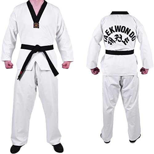 MAR | Student Taekwondo Uniform - Unisex, Adult & Children Sizes; Black V-Neck Design, Taekwondo Suit, Taekwondo Dobok, Polycotton Fabric (8oz) + FREE BELT