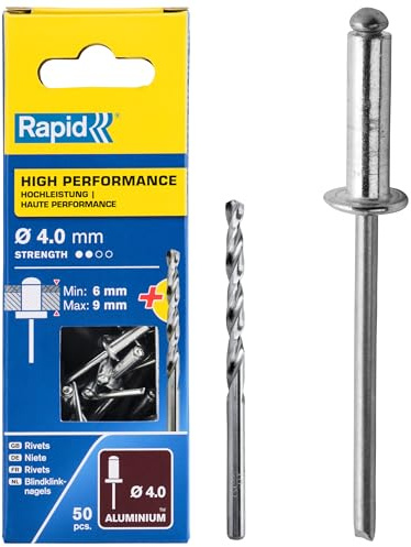 Rapid blindnitar ALU universell Ø 4 mm, 6–9 mm klämområde, 50 st. Nitar, set inklusive borr, för blindnitar
