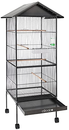 CADOCA® Vogelvoliere mit Dach 130x52x52cm Schmutzschublade Indoor Outdoor Vogelkäfig Vogelbauer Vogelhaus Voliere mit Zubehör rollbar Schwarz