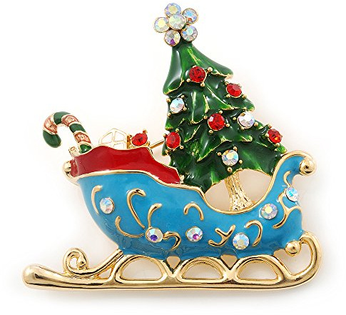 Broche traineau de Noël cristal, émail multicolore plaqué or - longueur 53mm