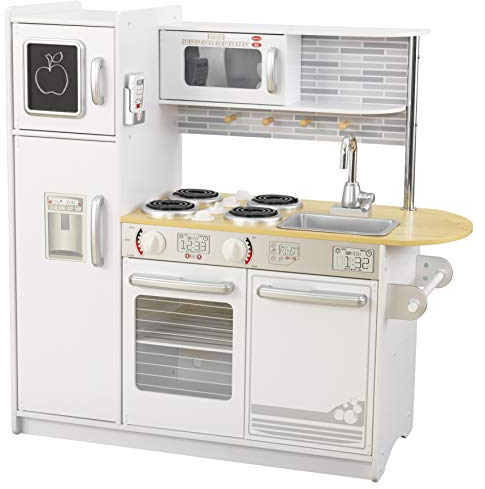 KidKraft Uptown Weiße Kinderküche aus Holz mit Zubehör, Spielküche mit Kochgeschirr und Spielzeug Handy, Spielzeug für Kinder ab 3 Jahre, 53364