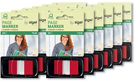 SIGEL Haftmarker Spender Rot 12er Pack 50 Streifen | HN491/12, 12 Spender mit je 50 Streifen im Format 25 x 43 mm