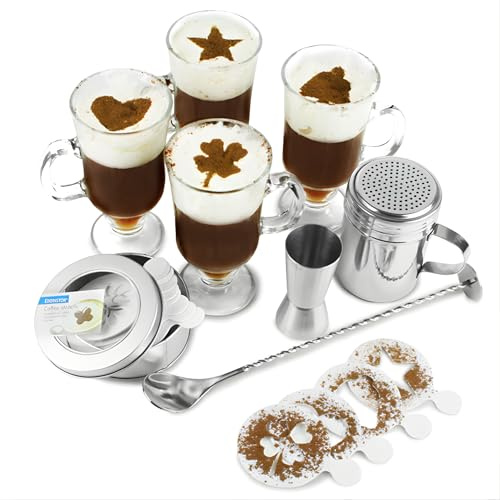 bar@drinkstuff Irish Coffee Serving Set with 4 x Irish Coffee Glasses, 16 x Coffee Stencils, Jigger Measure, Mixing Spoon & Screw Top Shaker