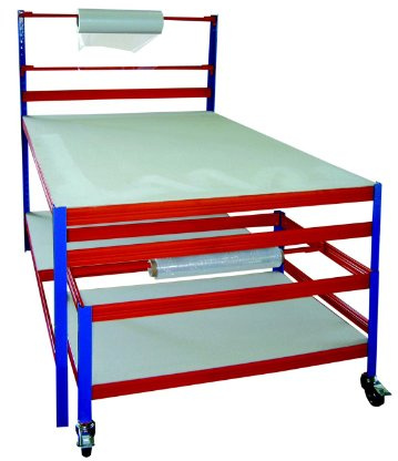 Packtisch Profi 2 HxBxT 150x180x120cm 300 KG/Holzboden SZAGATO | inkl. Rollenwagen 55x80x120cm blau orange Verpackungstisch Verpackungsstation Pakete Pakettisch