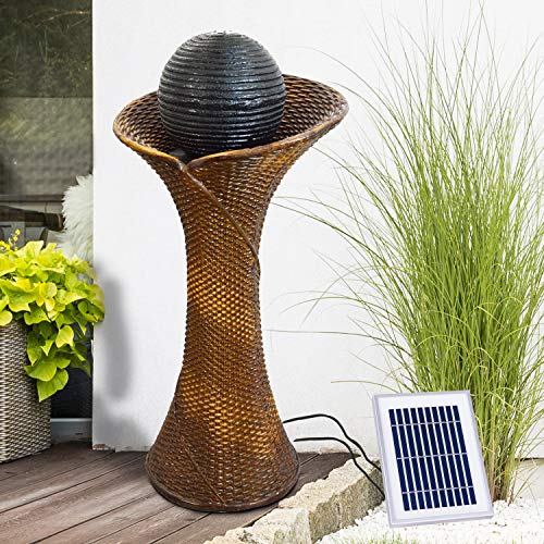Gartenbrunnen Brunnen Zierbrunnen Zimmerbrunnen Springbrunnen Brunnen Wasserfall Wasserspiel für Garten, Gartenteich (Solarbrunnen Rattan-3 mit LED-Licht)