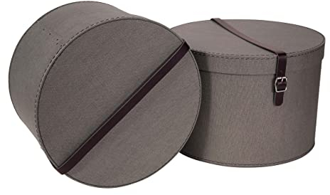 BIGSO RUT 2er-Set Aufbewahrungsbox mit Deckel – runde Ordnungsbox mit Lederriemen – große und kleine Hutschachtel aus Faserplatte und Papier in Leinenoptik – grau