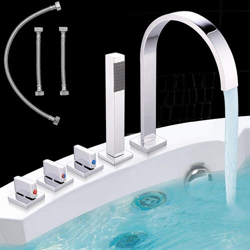 melko Doccette Set Rubinetto Per Vasca Da Bagno, cromato, materiale per il montaggio – Elegante, senza tempo e arredamento moderno, quadrato, Chrom, 5 Loch