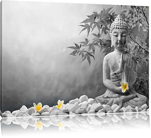 Pixxprint Buddha mit Monoi Blüte in der Hand B&W, Größe: 80x60cm, Leinwandbild, fertig gespannt, Wandbild, Dekoration, Kunstdruck, kein Poster