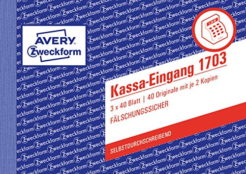 AVERY Zweckform 1703 Kassa-Eingang speziell für Österreich (A6 quer, 3x40 Blatt, selbstdurchschreibend mit farbigen Durchschlägen, fälschungssicherer Dokumentendruck) weiß/gelb/rosa
