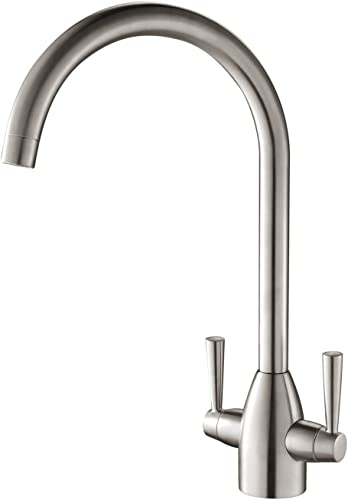 Hapilife Brushed Steel Kitchen Tap Dual Lever Monobloc Kitchen Mixer Taps 1 Hole High Arc Sink Taps Mixer 360 Swivel Spout Mono Hot and Cold Water Faucet Brass Brushed Nickel Modern Design