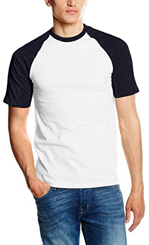 Fruit of the Loom Baseball Classique à Manches Courtes T-Shirt, Blanc/Bleu Marine foncé, M Homme
