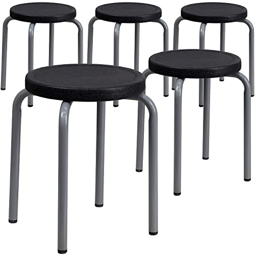 Flash Furniture Remington Stackable Stool with Black Seat and Silver Powder Coated Frame (Pack of 5)