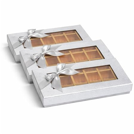 Emartbuy set med 3 styv lyxig rektangulär formad presentation 18 fack Truffle chokladpresentask, silvermetall, fönsterlock, avtagbar inre avdelning och silver satin rosett
