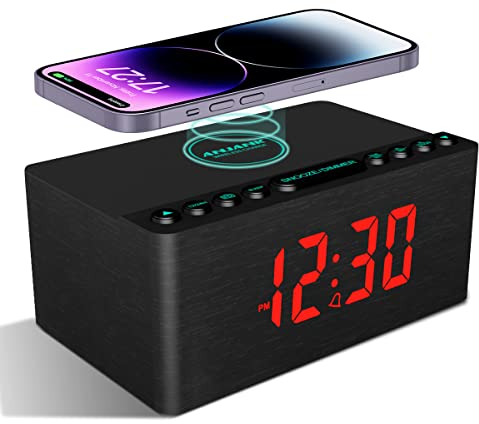 ANJANK Radiowecker Digital mit USB-Ladegerät,Lauter Wecker mit Lautsprecher,Digitaler wecker mit FM-Radio,Dimmer,Snooze,LED Display Alarm Clock,Uhrenradio aus Holzmaserung,wecker ohne Ticken(Schwarz)