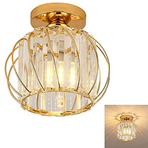 Plafonnier Moderne en Cristal d'Or - Lustre à LED Avec Abat-Jour en Cage en Métal E27 - Mini Plafonnier Rond pour Cuisine, Salon, Chambre à Coucher